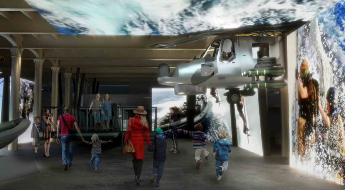 Artist rendering of ground floor of Royal Marine Museum featuring Lynx Helicopter 