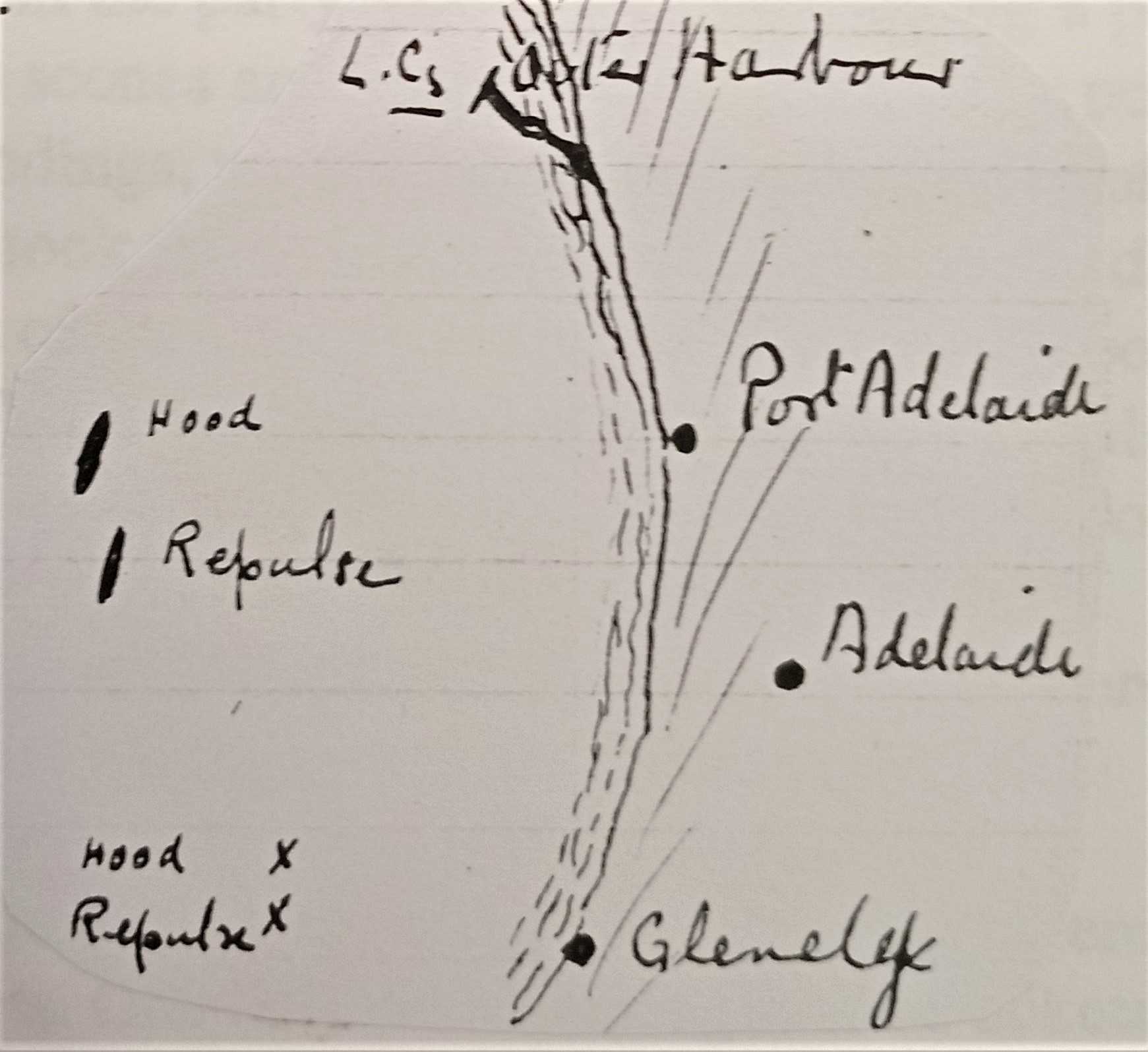 Sketch of mooring positions by Wilfred Woolman. Courtesy of the National Museum of the Royal Navy