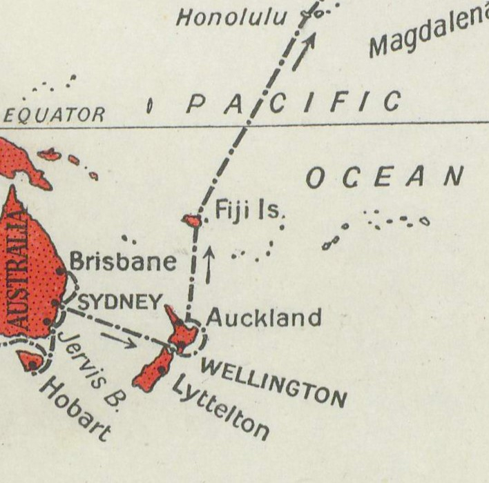 Contemporary map of the Pacific Ocean, showing Brisbane, Sydney, Wellington, and Fiji.