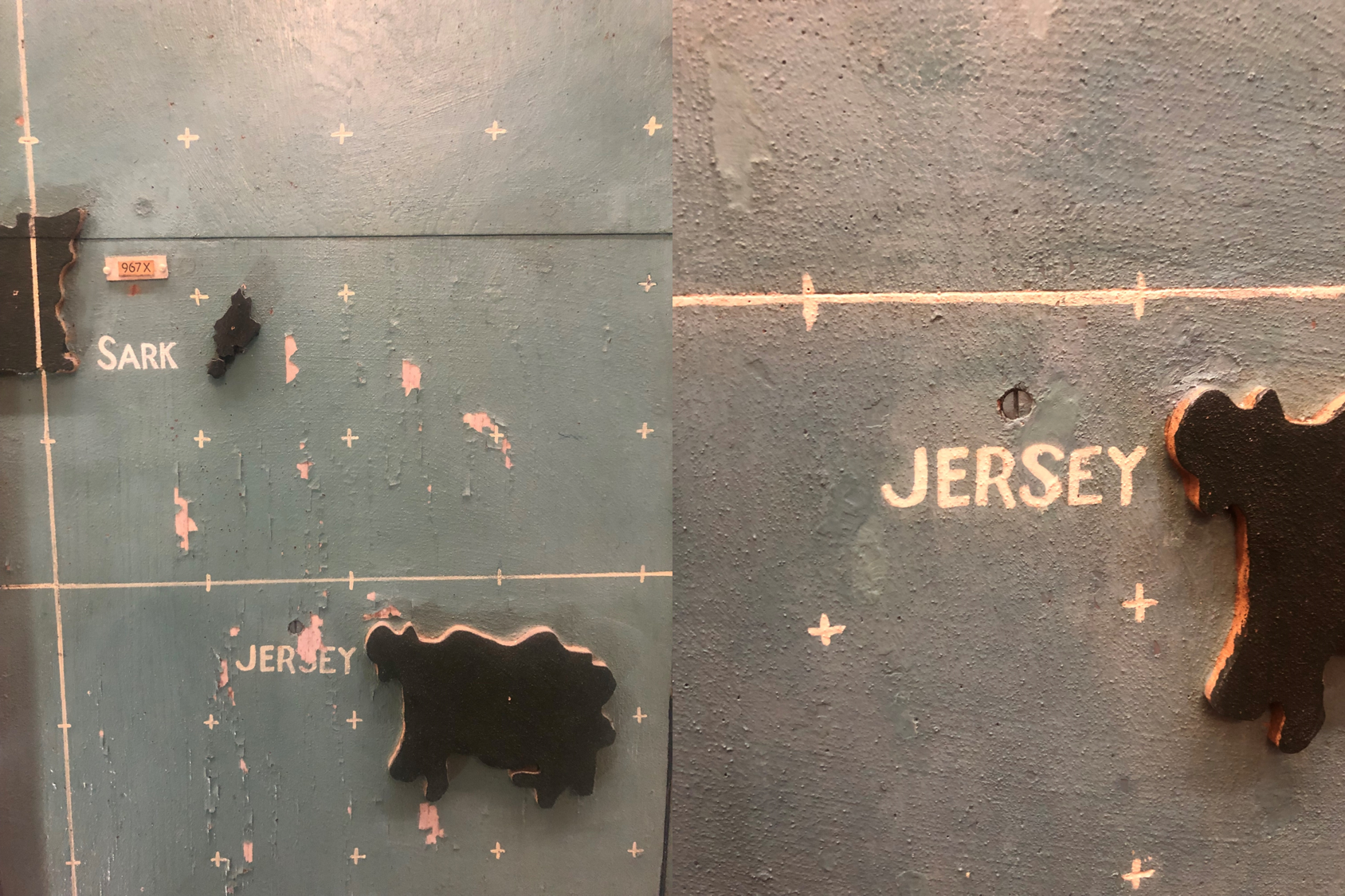 The same section of the D-Day map before and after conservation, showing the conservation work, including sticking back peeling paint