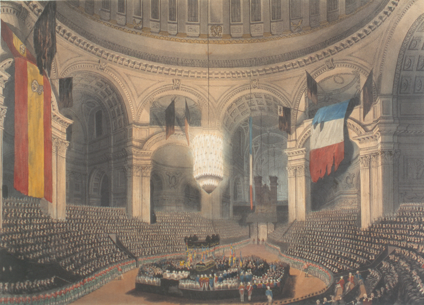 Art depicting Nelson's coffin at St. Paul's flanked by hundreds of onlookers and two massive Spanish and French flags