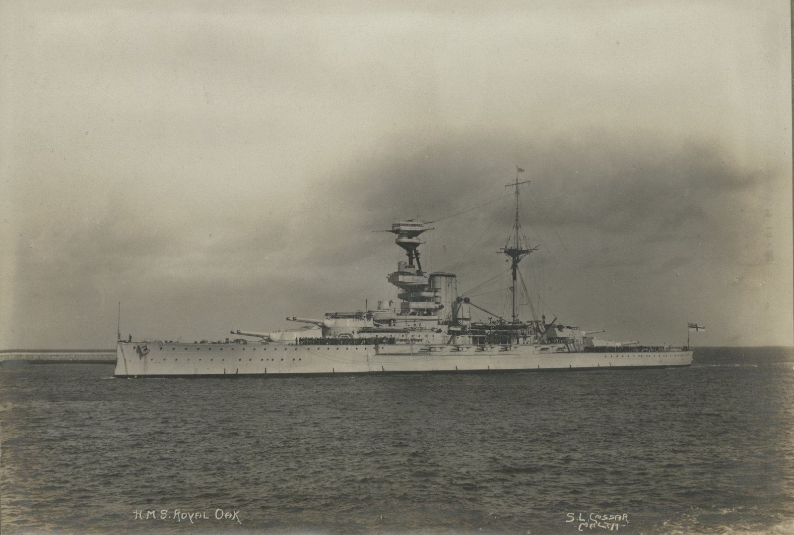 Contemporary black and white photograph of HMS Royal Oak at sea.  