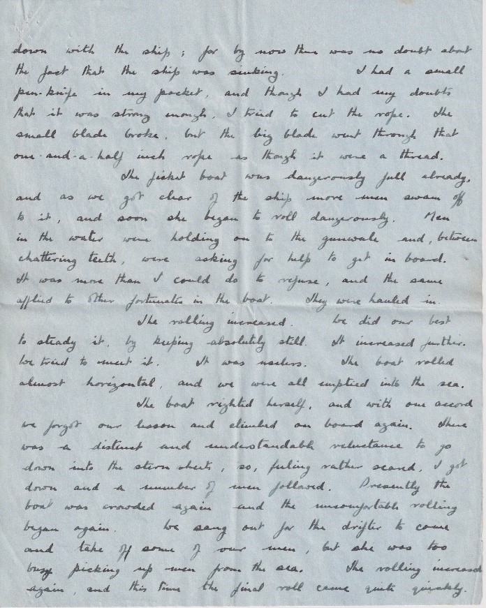 A handwritten letter by a survivor of the sinking. It describes men in the water, trying to climb onto anything that would float. 