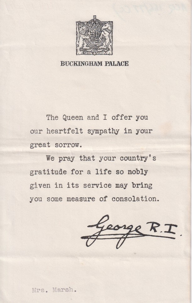 A typed letter of condolence from Buckingham Palace. The hand-written signature of King George VI is at the bottom. 