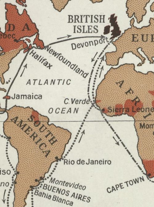 The routes home with the solid line for the battle cruisers and the dotted line for the light cruisers.