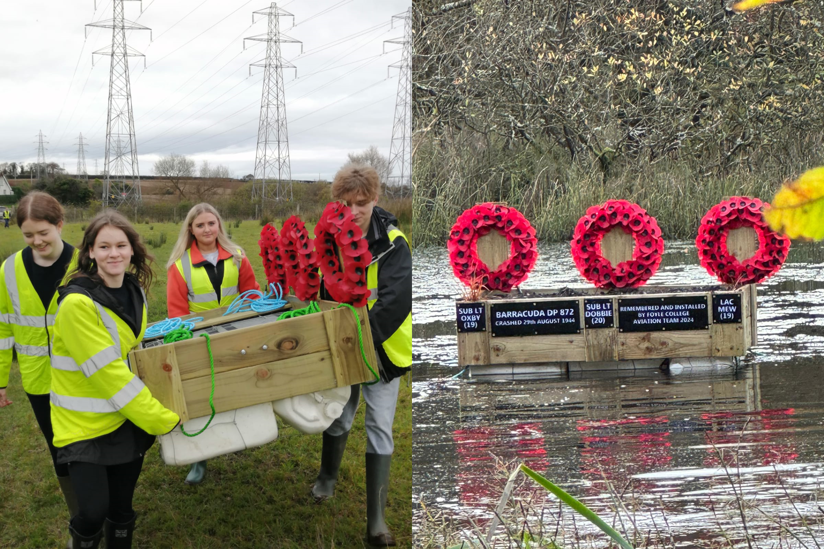 Two images showing a floating memorial on a body of water and four people carrying the memorial