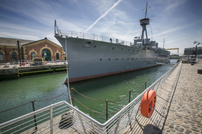 HMS Caroline is a First World War ship and image shows her at her berth in Belfast