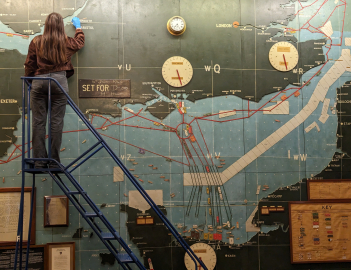 A conservator works at height conserving the D-Day map