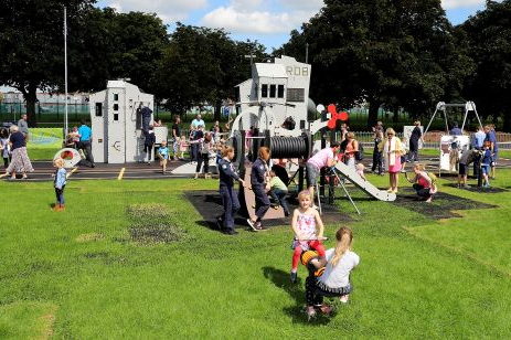 Children play on the new playground at the Fleet Air Arm Museum