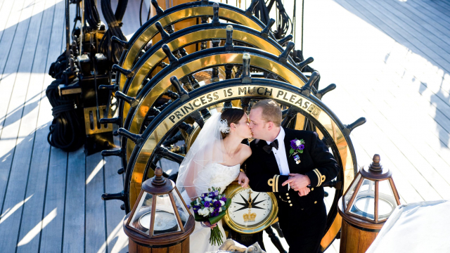 Bride and groom on HMS Warrior top deck