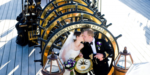 Bride and groom on HMS Warrior top deck