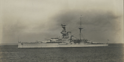 Contemporary black and white photograph of HMS Royal Oak at sea.  