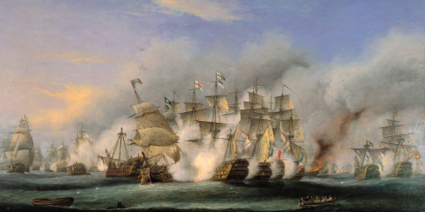 An oil painting depicting several Napoleonic-era warships engaged in battle